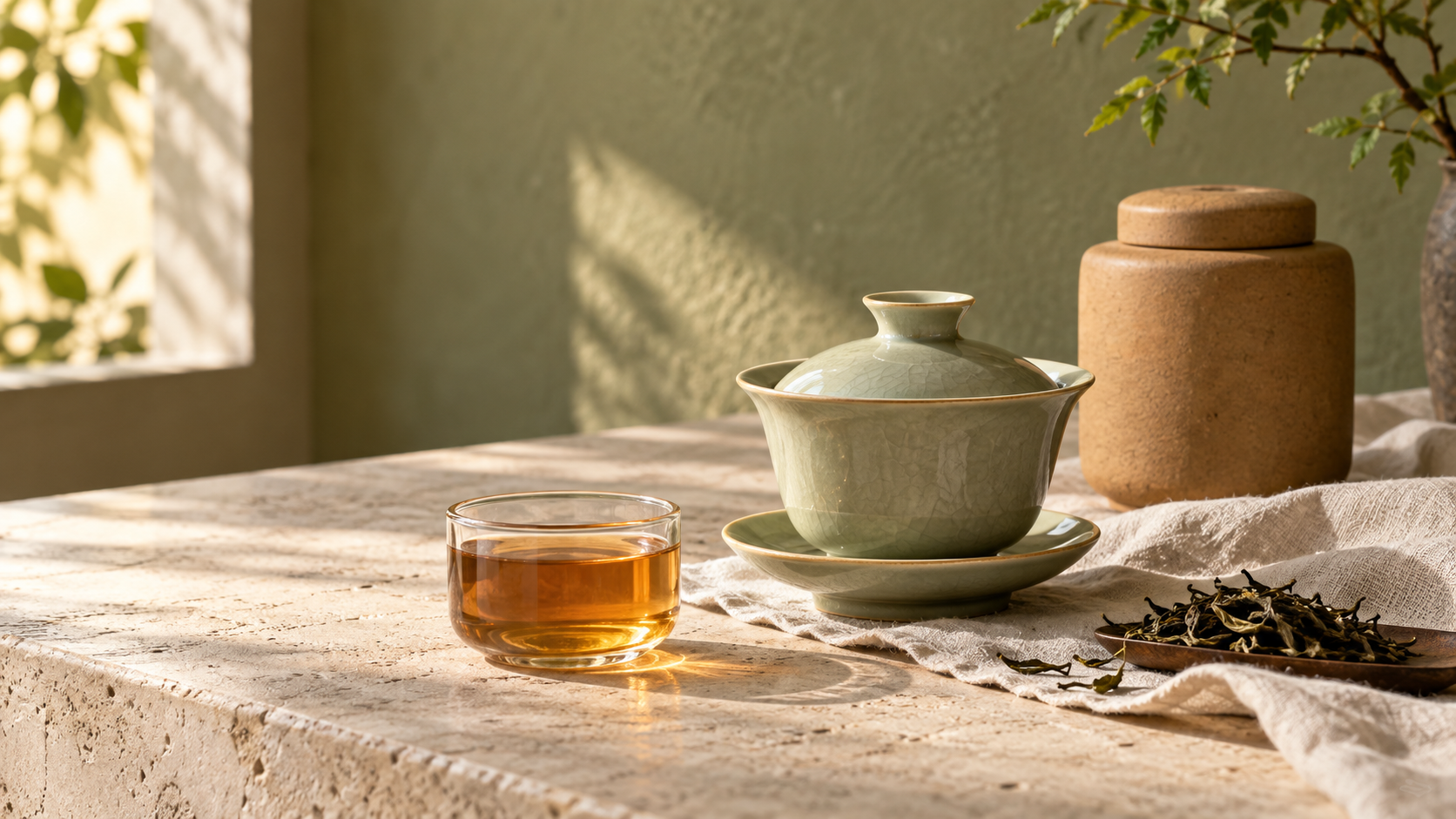 自然窗光下的浅橄榄绿盖碗、琥珀色茶汤与赭色陶罐，AI生成的茶器摄影示范