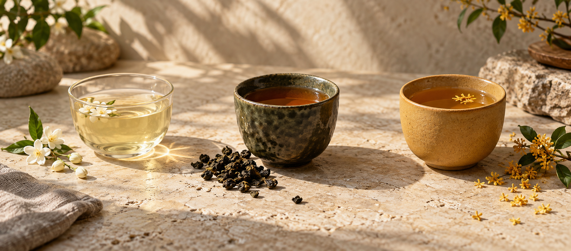 透明玻璃杯中的茉莉茶，山雾茉莉AI生成概念配图